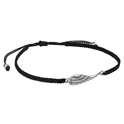 AeraVida Mystical Sideways Heaven's Angel Wing .925 Sterling Silver Charm on Black Adjustable Bracelet | Stylish Handmade Jewelry for Women | Statement Bracelet | Boho Jewelry