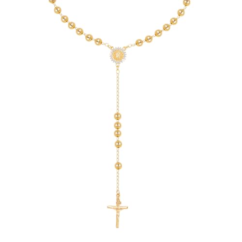 Women's Gold Virgin Mary Necklace, 14k Gold Plated Rosary Bead Cross Chain - style: Gold-Style 4