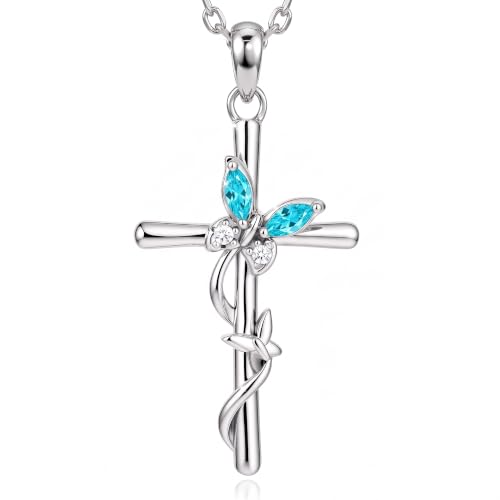 Distance Cross Necklace for Women 925 Sterling Silver Jewelry Pendant Necklace for Mom Wife Gift for Mother's Day or Birthday - style: 03-Aquamarine