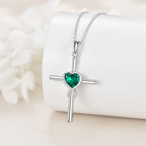 S925 Sterling Silver Cross Necklace for Women Birthstone Necklace Heart Infinity Cross Pendant Necklace Christmas Valentines Day Gifts Birthday Holiday Gifts for Her, 18"+2" Inches - color: 05-May Birthstone - Emerald