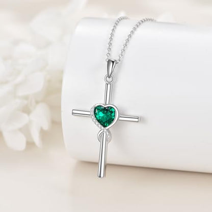 S925 Sterling Silver Cross Necklace for Women Birthstone Necklace Heart Infinity Cross Pendant Necklace Christmas Valentines Day Gifts Birthday Holiday Gifts for Her, 18"+2" Inches - color: 05-May Birthstone - Emerald