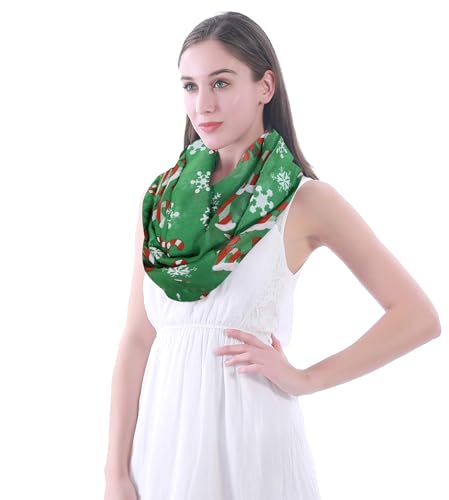 Lina & Lily Holiday Christmas Pattern Print Women's Infinity Scarf Lightweight - color: Green, Xmas Candy Cane Snowflake