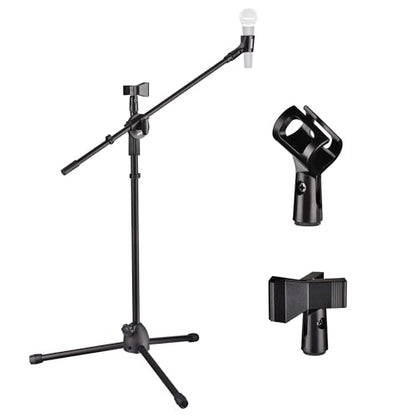 AW Adjustable Height Tripod Boom Microphone Stand Floor Dual Mic Clip - color: Black-2 Mic Clips, size: 1 pc
