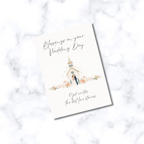Blessings On Your Wedding Day Card for Bride and Groom | Married Couple In Front of Church Illustration with Bible Verse 1 Corinthians 13:13 | God Writes The Best Love Stories | Christian Couples | Congratulations on your Marriage For Religious Friends an