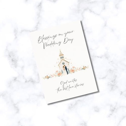 Blessings On Your Wedding Day Card for Bride and Groom | Married Couple In Front of Church Illustration with Bible Verse 1 Corinthians 13:13 | God Writes The Best Love Stories | Christian Couples | Congratulations on your Marriage For Religious Friends an
