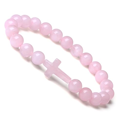XIANNVXI Crystal Bracelet for Women Men 8 mm Natural Stone Beaded Bracelets Cat Bracelets Cross Bracelets Heart Bracelelt Jewelry for Women Birthday Gifts Stretch Bracelet - color: Pink - Rose Quartz