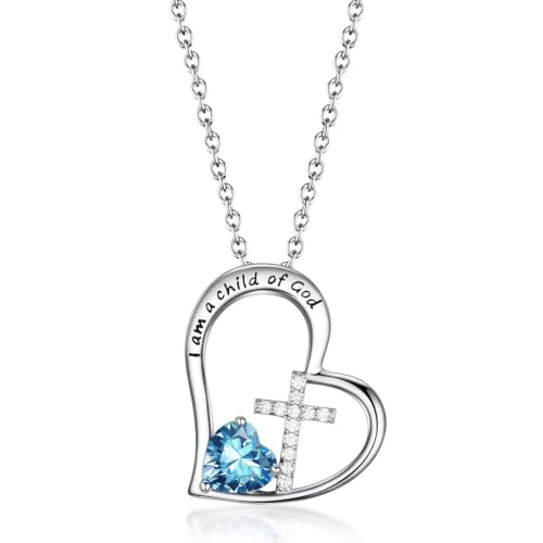 Birthstone Cross Necklace for Girls, Child of God Cross Gifts Jewelry - color: 03. March, style: 01. Silver