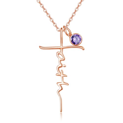 PRAYMOS Faith Cross Necklace for Women 925 Sterling Silver Pendant Necklace With Birthstone Initial Christian Religious Confirmation Baptism Mothers Day Gifts - color: 4-Rose Gold May(Emerald)
