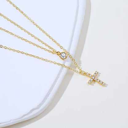 VIROMY Gold Cross Necklace for Women 14K Gold Plated Cute Sidways Cross Pendant Choker Necklaces Simple Trendy Everyday Jewelry for Women - style: Layered CZ Cross Necklace-38/44-Gold