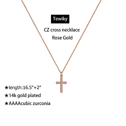 Tewiky Cross Necklace for Women Gold Cross Pendant Cute Necklaces - color: Rose gold CZ Cross