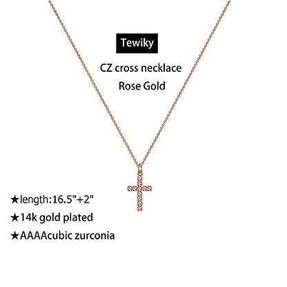 Tewiky Cross Necklace for Women Gold Cross Pendant Cute Necklaces - color: Rose gold CZ Cross