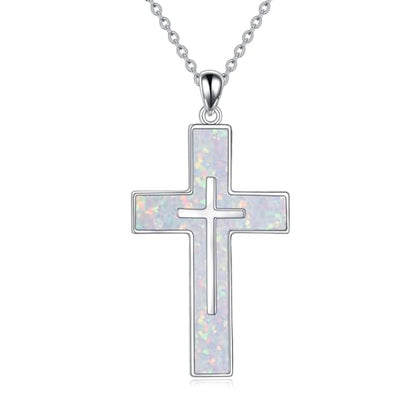 YFN Cross Necklace Sterling Silver Religious Cross Pendant Jewelry Christian Gifts for Women Men - style: A. White Opal