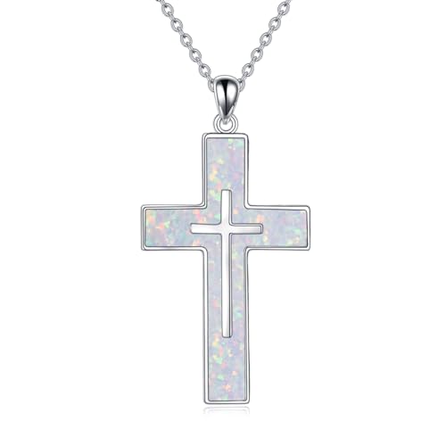 YFN Cross Necklace Sterling Silver Religious Cross Pendant Jewelry Christian Gifts for Women Men - style: A. White Opal