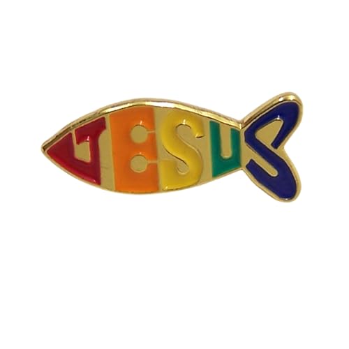 Rainbow Jesus Fish Lapel Pin, Gold Tone Christian Ichthys Brooch, Religious Faith Pin for Jacket, Hat or Backpack