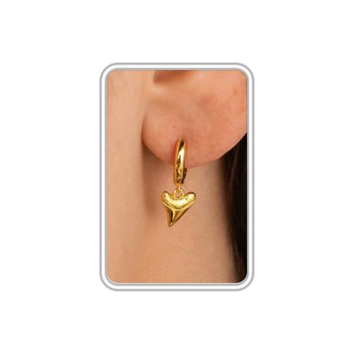 Dangle Earrings for Women, Dainty Huggie Hoop Dangle Earrings - color: Shark Tooth 01 Dangle Gold
