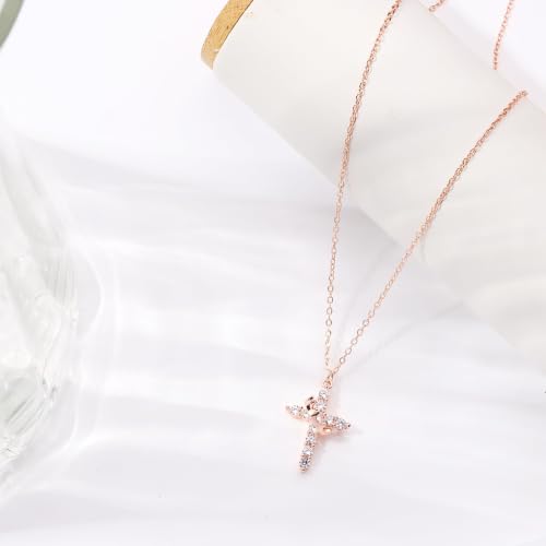 Upgraded Crown Cross Necklace for Women, CZ Pendant 18+2 - color: rose gold