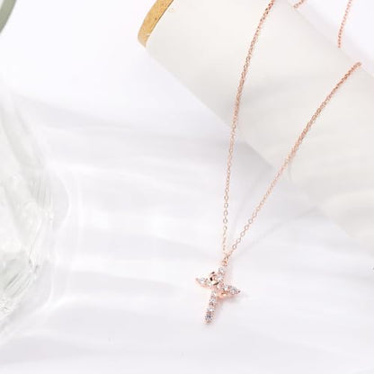 Upgraded Crown Cross Necklace for Women, CZ Pendant 18+2 - color: rose gold