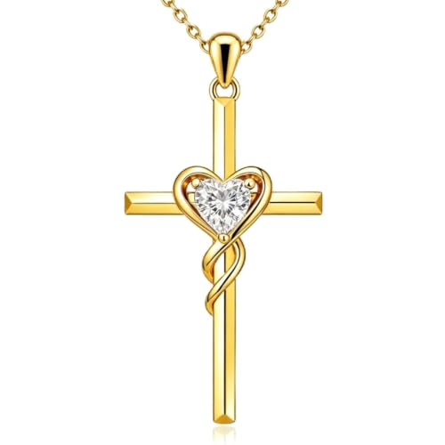 Birthstone Cross Necklace for Women 14K Gold Plated Heart Infinity Cross Pendant Necklace Christian Religious Jewelry Anniversary Birthday Gifts for Wife Mom Her - color: Apr/Diamond(Created)