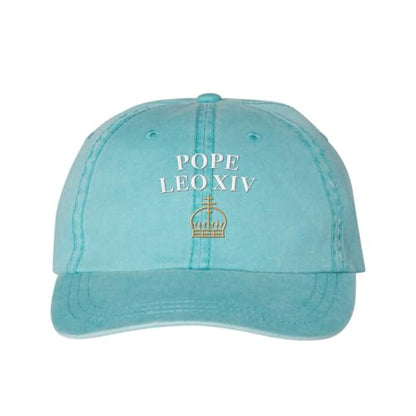 Pope Leo XIV with Crown Embroidered Baseball Cap Adjustable Cotton Dad Hat Pigment-Dyed - color: Aqua
