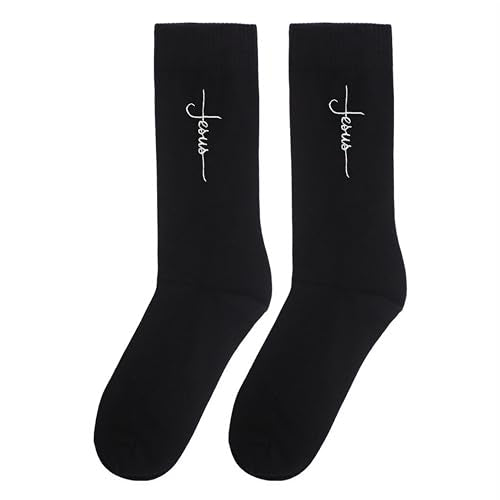 Christian Embroidered Crew Socks, Jesus Faith Religious Socks for Women and Men, Cross Scripture Novelty Gift Socks - color: Script Cross Jesus Black