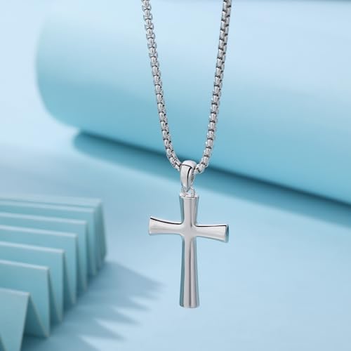 Small Dainty Cross Pendant Necklace 925 Sterling Silver for Women with 18", 20" Sturdy Chain 14K White Gold Plated - size: 18" Chain, style: Chunky