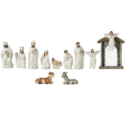 Glitzhome Christmas Nativity Set Nativity Scene Set Indoor 8 in Resin Nativity Figurines Set 11 Pcs Removable Angel Statue Ivory Nativity Sets & Figures Christian Holy Family Figure with Baby Jesus - color: Ivory Nativity Set