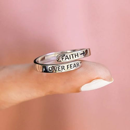 Faith Over Fear Cross Ring For Women, Christian Blessed Hope Love Encouragement Rings Adjustable Open Wrap Thumb Cross Inspirational Ring Jewelry Graduation Cocktail Party Gift - color: Silver