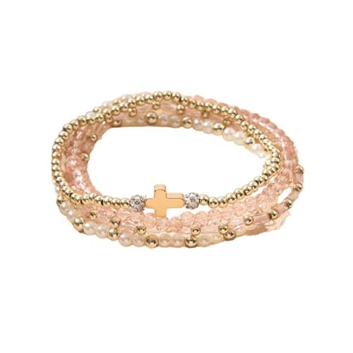 Colorful Cross Charm Bracelets for Women Men Adjustable Gold Plated Beaded Bracelet Boho Bead Ball Stretch Bracelet Birthday Summer Beach Jewelry - color: Light Pink