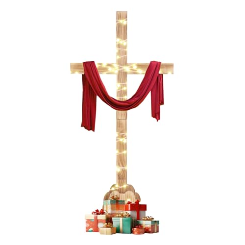 Kuabiz Large Wood Cross 32 Inch Easter Wood Standing Cross Decoration Jesus Christ Catholic Crafted Supplies He Is Risen Outdoor Decor for Home Wedding Communion Churchr (Lighting Not Included)