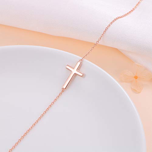 DAOCHONG S925 Sterling Silver Sideways Cross Choker Necklace 14+4 Inch - color: Rose gold-tone