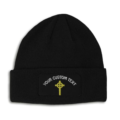 Custom Patch Beanie Celtic Cross Jesus Christian Christ Faith Skull Cap Hats for Men & Women One Size - color: Black Personalized Text Here