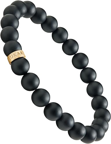 LUXAR Men’s Bracelet - Genuine Black Leather Bracelet with Stainless Steel Clasp or 8mm Matte Black Onyx Stone Bead Bracelet - Minimalist Designer Jewelry for Men - color: Gold, size: Medium