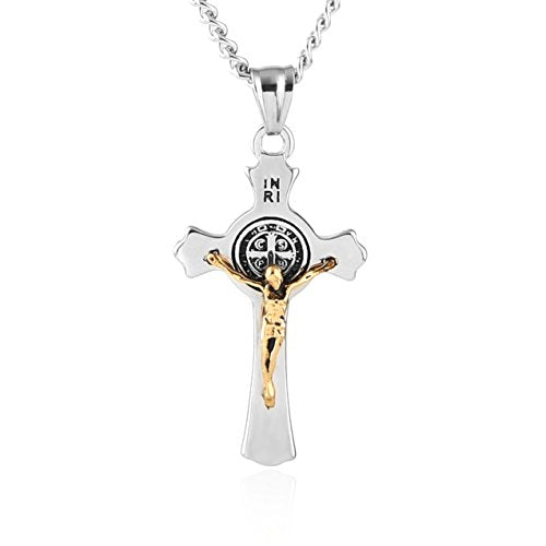 HZMAN Stainless Steel St. Benedict Crucifix Cross Necklace for Men - color: Standard Gold & Silver