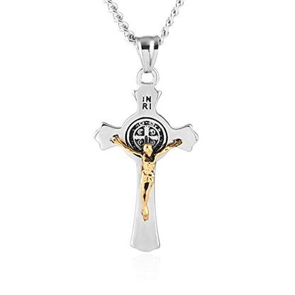 HZMAN Stainless Steel St. Benedict Crucifix Cross Necklace for Men - color: Standard Gold & Silver