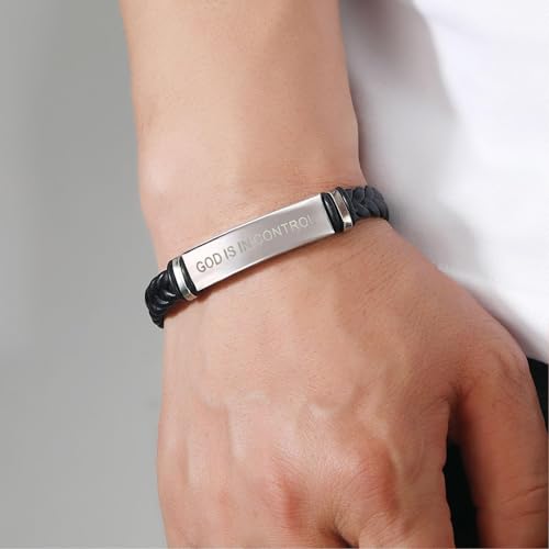 God is in Control Leather Bracelet, Stainless Steel Christian Faith Braided Engraved Bar Bracelets Self Worth Motivation Bracelet Inspirational Friendship Jewelry for Men Women - color: Silver