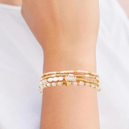 Gold Beaded Bracelets Stack for Women Stackable 14K Gold Plated Beads Ball Cross Bracelet Boho Christian Jewelry Faith Friendship Birthday Gifts for Women - color: Pink Crystal