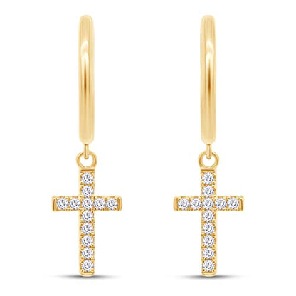 Religious Cross Dangle Drop Earrings Women Sterling Silver 0.20 CT (1/5 Ct) - color: Yellow Gold Over Silver