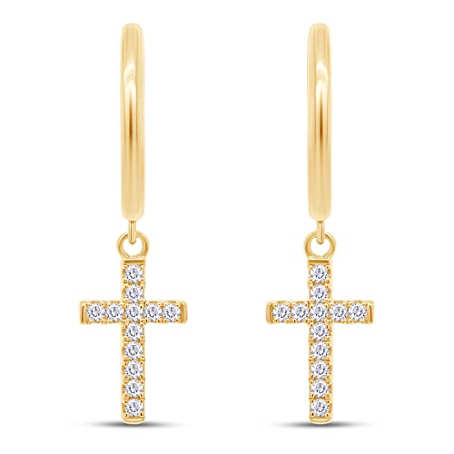 Religious Cross Dangle Drop Earrings Women Sterling Silver 0.20 CT (1/5 Ct) - color: Yellow Gold Over Silver