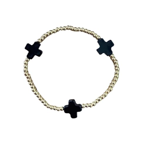 Colorful Cross Charm Bracelets for Women Men Adjustable Gold Plated Beaded Bracelet Boho Bead Ball Stretch Bracelet Birthday Summer Beach Jewelry - color: Black