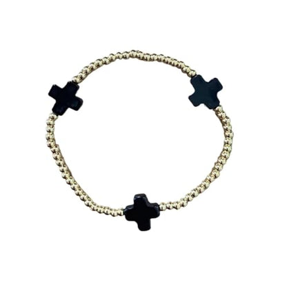 Colorful Cross Charm Bracelets for Women Men Adjustable Gold Plated Beaded Bracelet Boho Bead Ball Stretch Bracelet Birthday Summer Beach Jewelry - color: Black