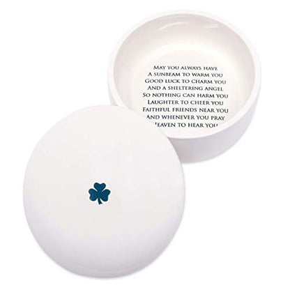 Susabella - Ceramic Round Keepsake Box With Green Irish Blessing & Shamrock