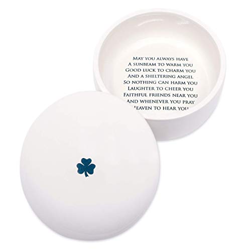Susabella - Ceramic Round Keepsake Box With Green Irish Blessing & Shamrock