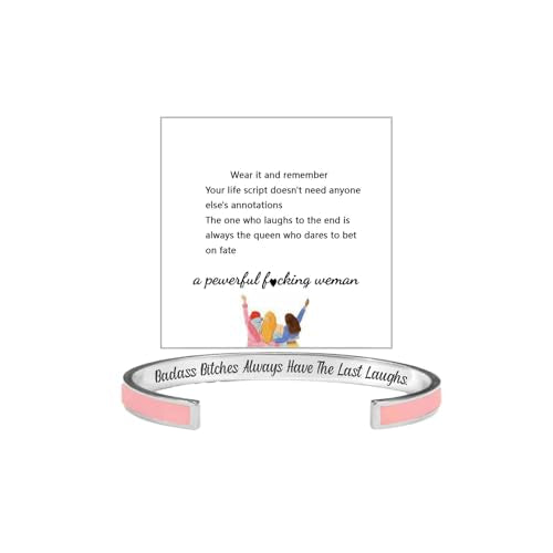 Badass Bitches Always Have The Last Laughs Motivational Color Bangle, Stainless Steel Inspirational Cuff Bracelets with Hidden Message Engraved Bracelet Jewelry Gift for Women Sisters Friends - color: Badass Pink+Silver