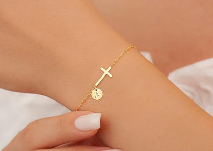 Stocking Stuffers for Teens Women, Cross Bracelet for Women Graduation Gift Dainty Cross Bracelet with Initials Christian Gifts for Women Teen Girl Gift Confirmation Baptism Religious Jewelry Birthday Mothers Day Gifts - color: Gold - O