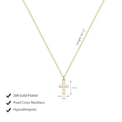 LULII Cross Necklace for Women Dainty 14K Gold Silver Plated Small Cross Pendant Choker Simple Cute Cross Gold Necklace for Women Trendy Faith Jewelry Gift - color: Pearl Cross-Gold