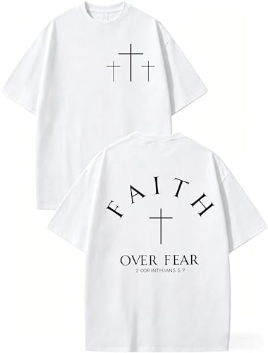 Tewmeu Christian Shirts for Men Faith Over Fear Tshirt Cross Jesus Shirt - color: White2, size: Large