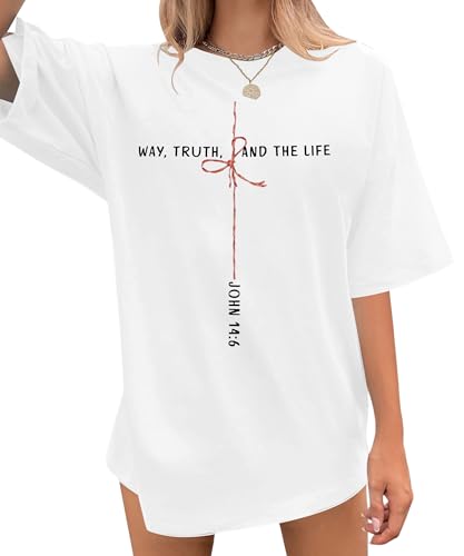 Christian Shirts for Women Oversized Bible Verse T-Shirt Jesus Religious Faithful Shirt Christ Crewneck Tee Top - color: White, size: X-Large