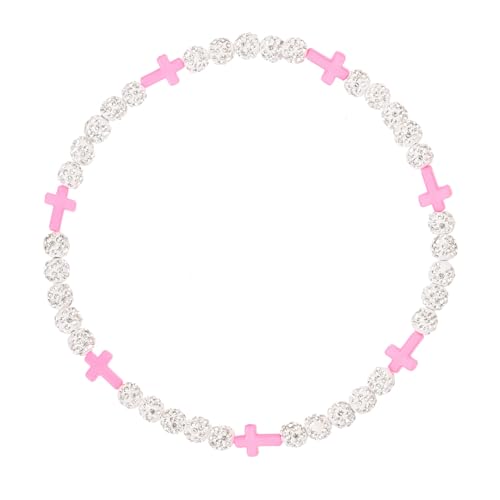 Baseball Bead Cross Necklace for Boys Kids, Elastic Rhinestone Bling Necklace Drip Gifts for Teens Players - color: Pink Cross/White