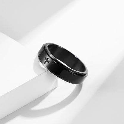 Minimalist Cross Stainless Steel Spinner Ring Anxiety Stress Relieving Rotating Fidget 6mm Band Rings for Men Women Christian Religious Relief Couple Cool Jewelry - color: black 6
