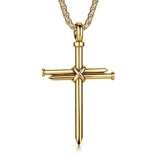 Men's Nail Cross Crucifix Necklace, Stainless Steel Nail Cross Pendant with 24 Inch Box Chain, Silver/Gold/Black Religious Christian Jewelry Gift for Baptism Father's Day Birthday - color: Gold